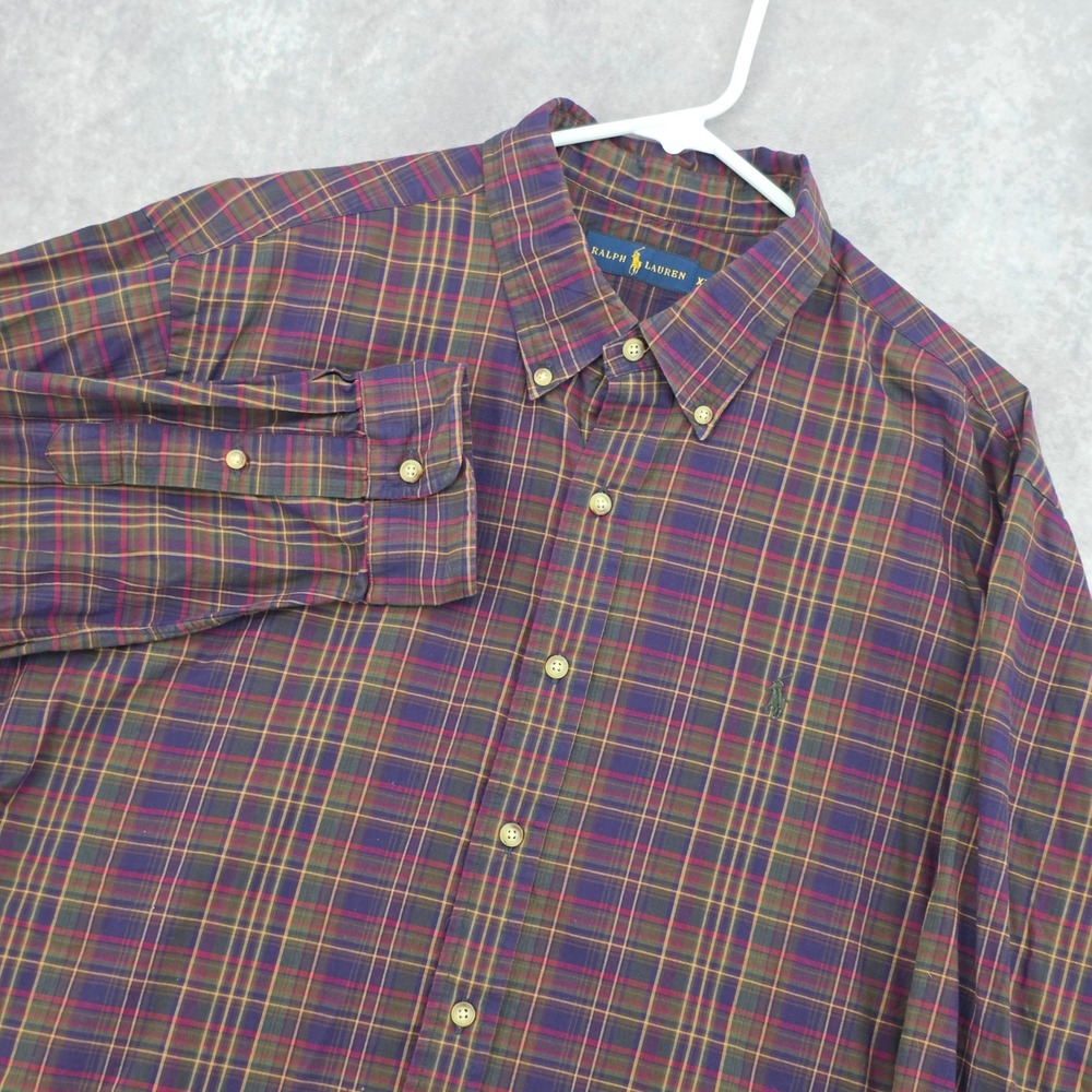 Polo Ralph Lauren Button Down Shirt Mens XXL Plaid Purple Green Long Sleeve Pony